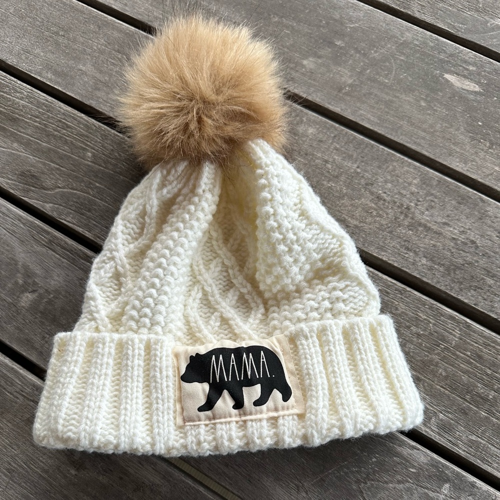 Rae Dunn Cream Knit Beanie with Tan Pom-Pom